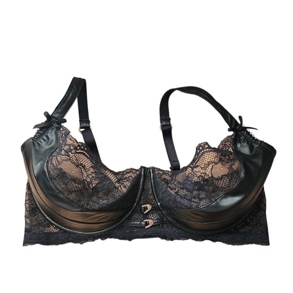 HONEYโ BIRDETTE Jordyn Black Lace Faux Leather Underwire Bra Sexy size 36G